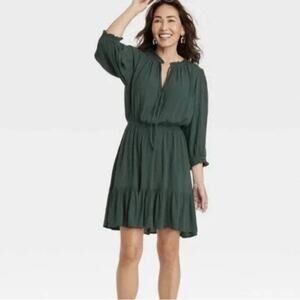 Knox Rose long sleeve dark green dress boho bohemian tie neck  XS NWT